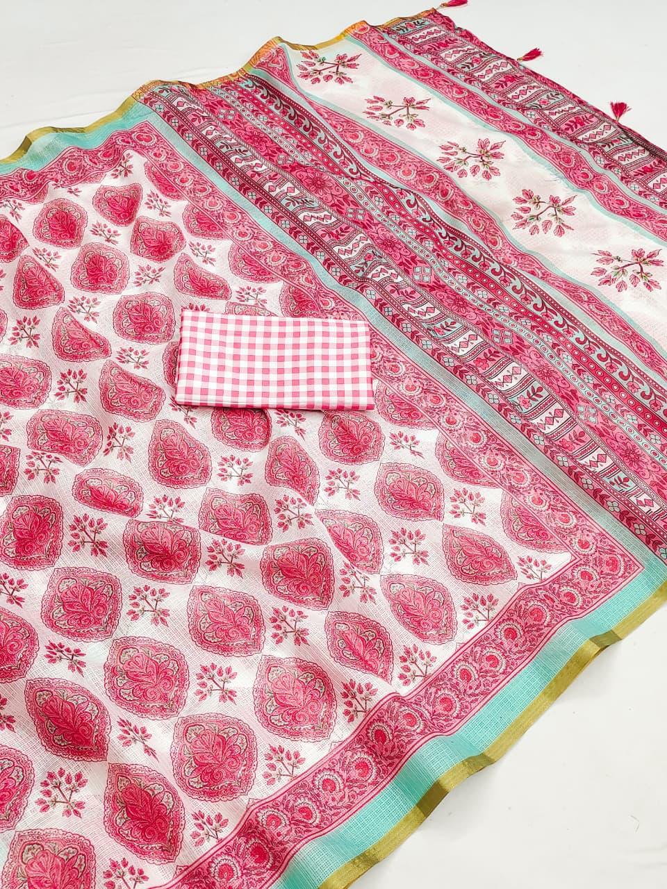 Pink and White colour  Royal Tradition Kota Cotton Saree