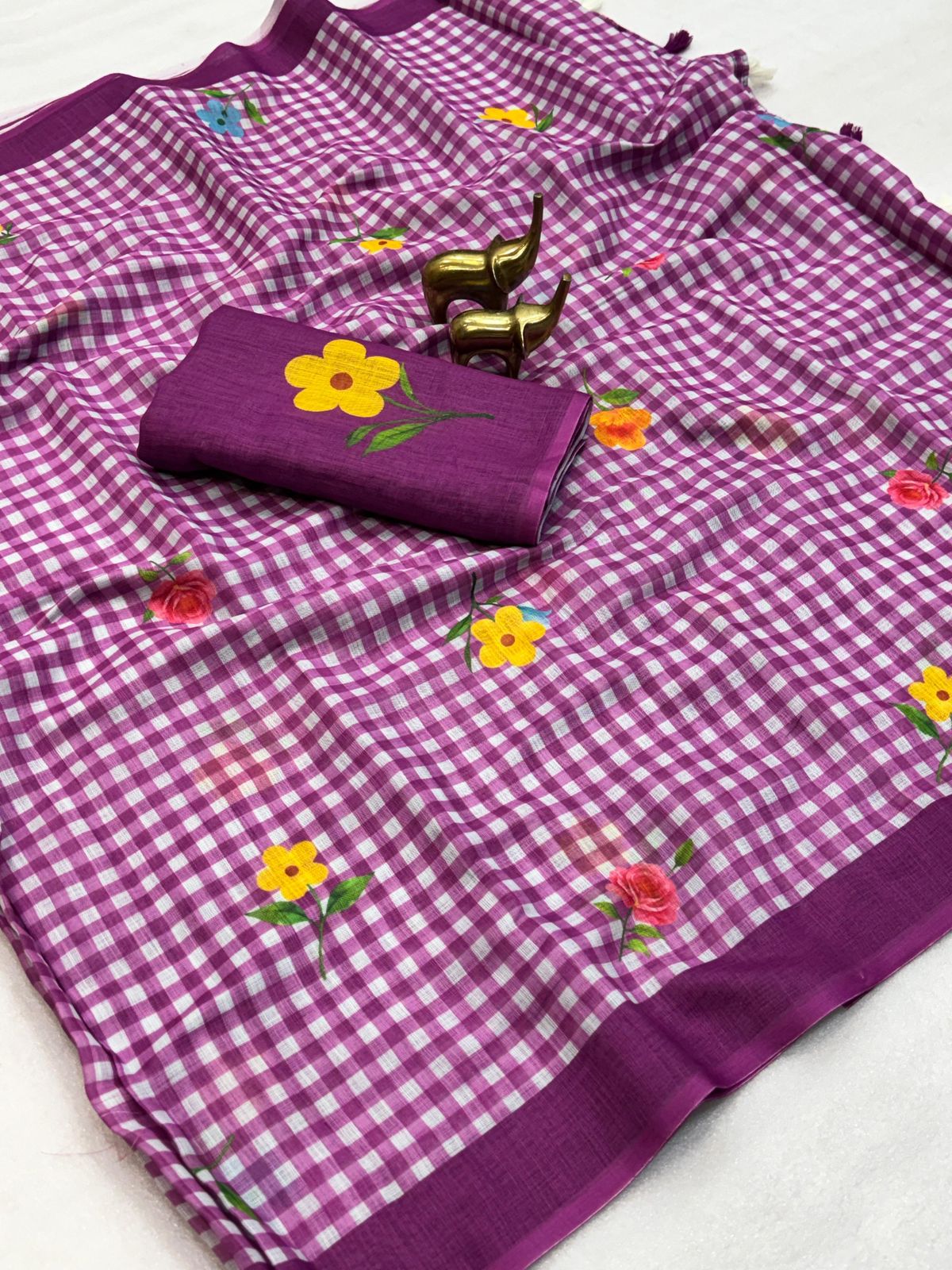 Purple and White Linen Check Sarees