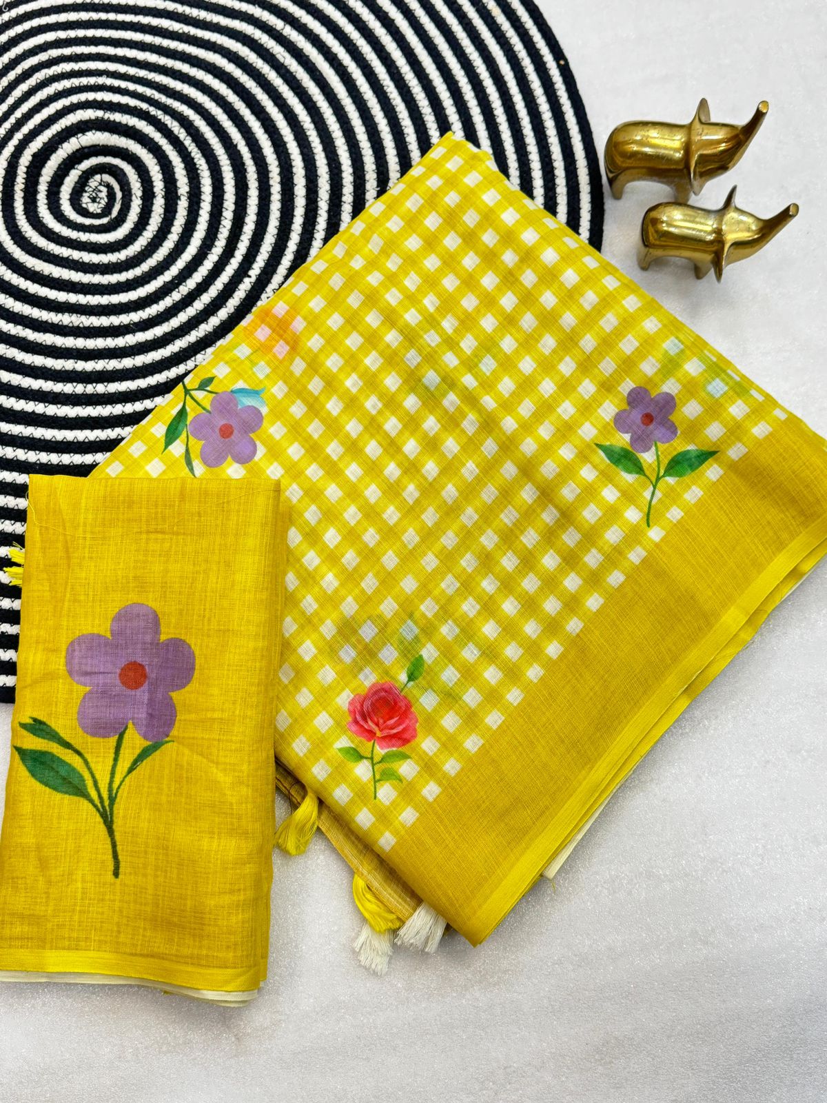 Yellow and White Linen Check Sarees