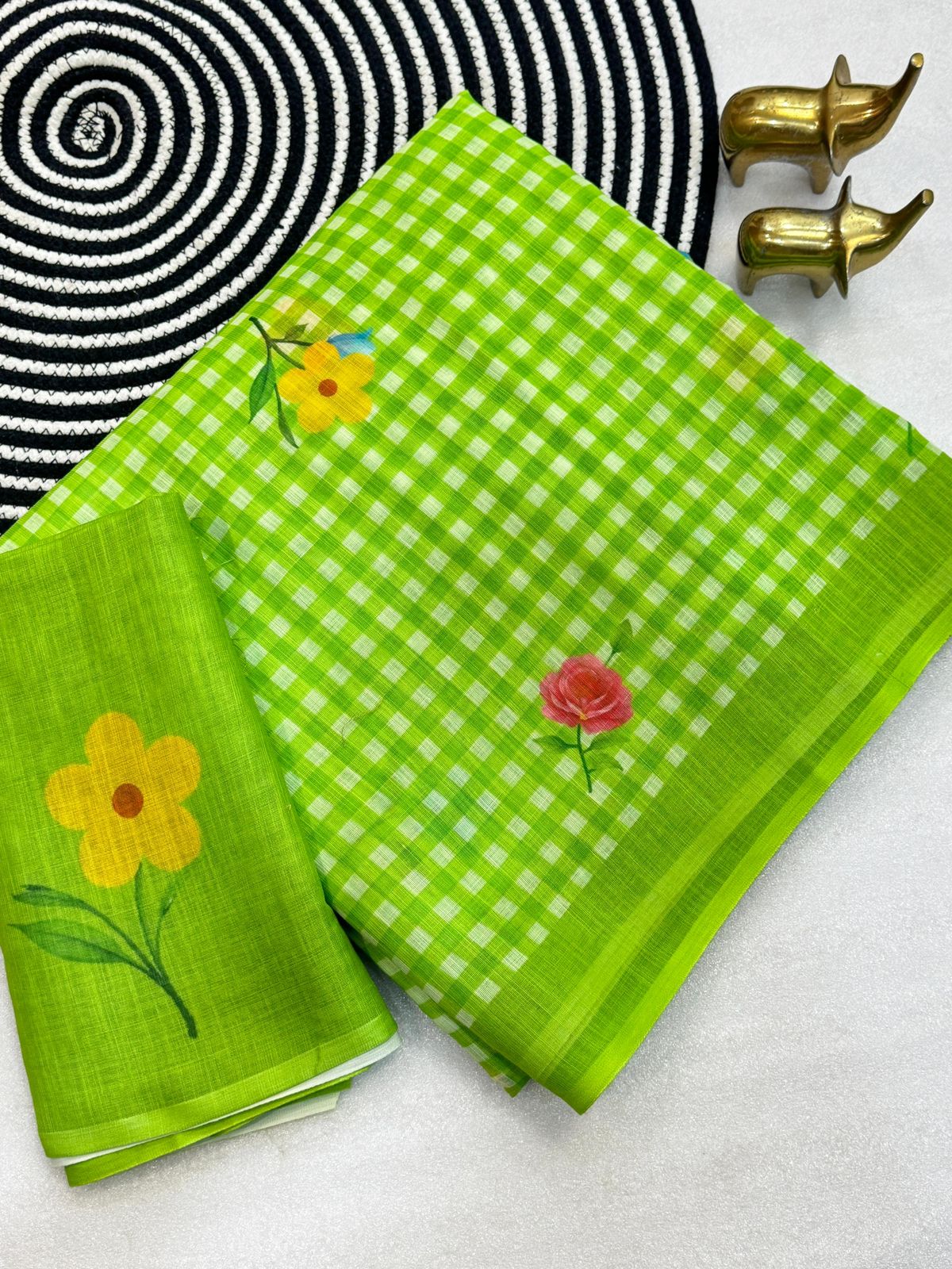 Green  and White Linen Check Sarees