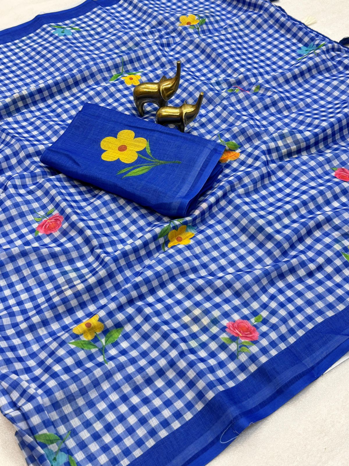Blue and White Linen Check Sarees