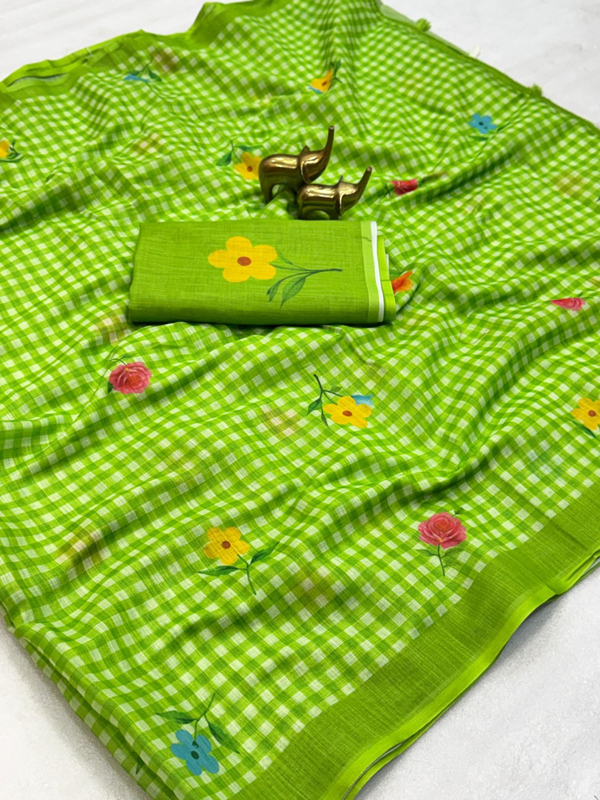 Green and White Linen Check Sarees