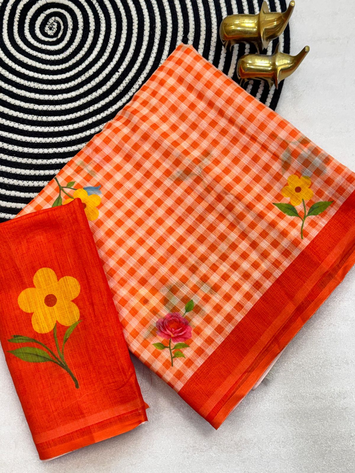 Orange and White Linen Check Sarees