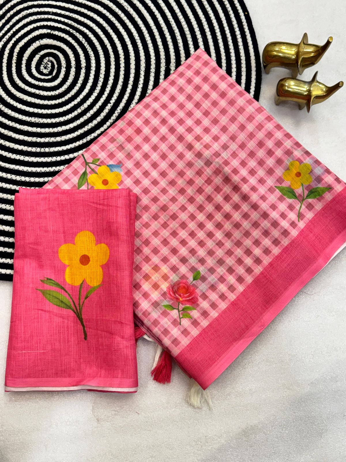 Pink and White Linen Check Sarees