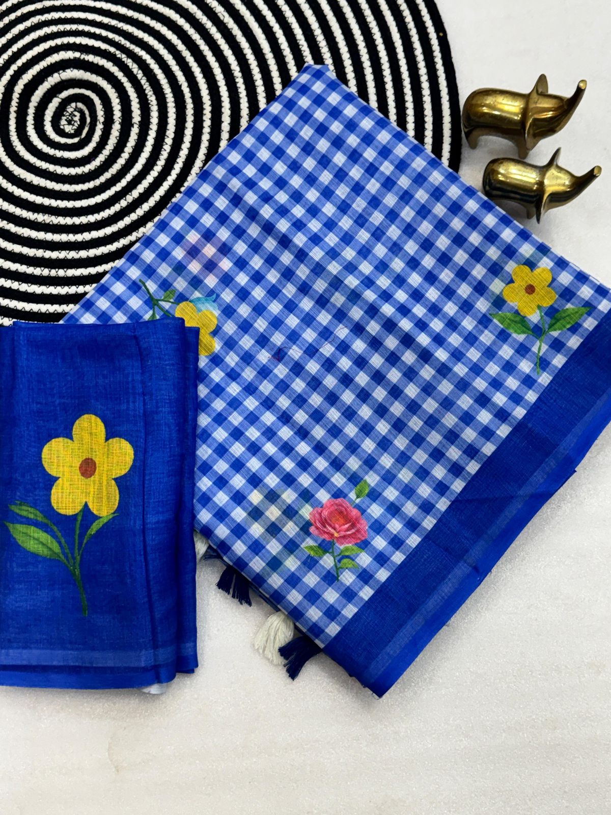 Blue and White Linen Check Sarees