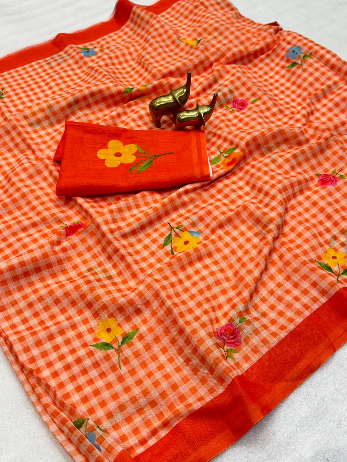 Orange and White Linen Check Sarees