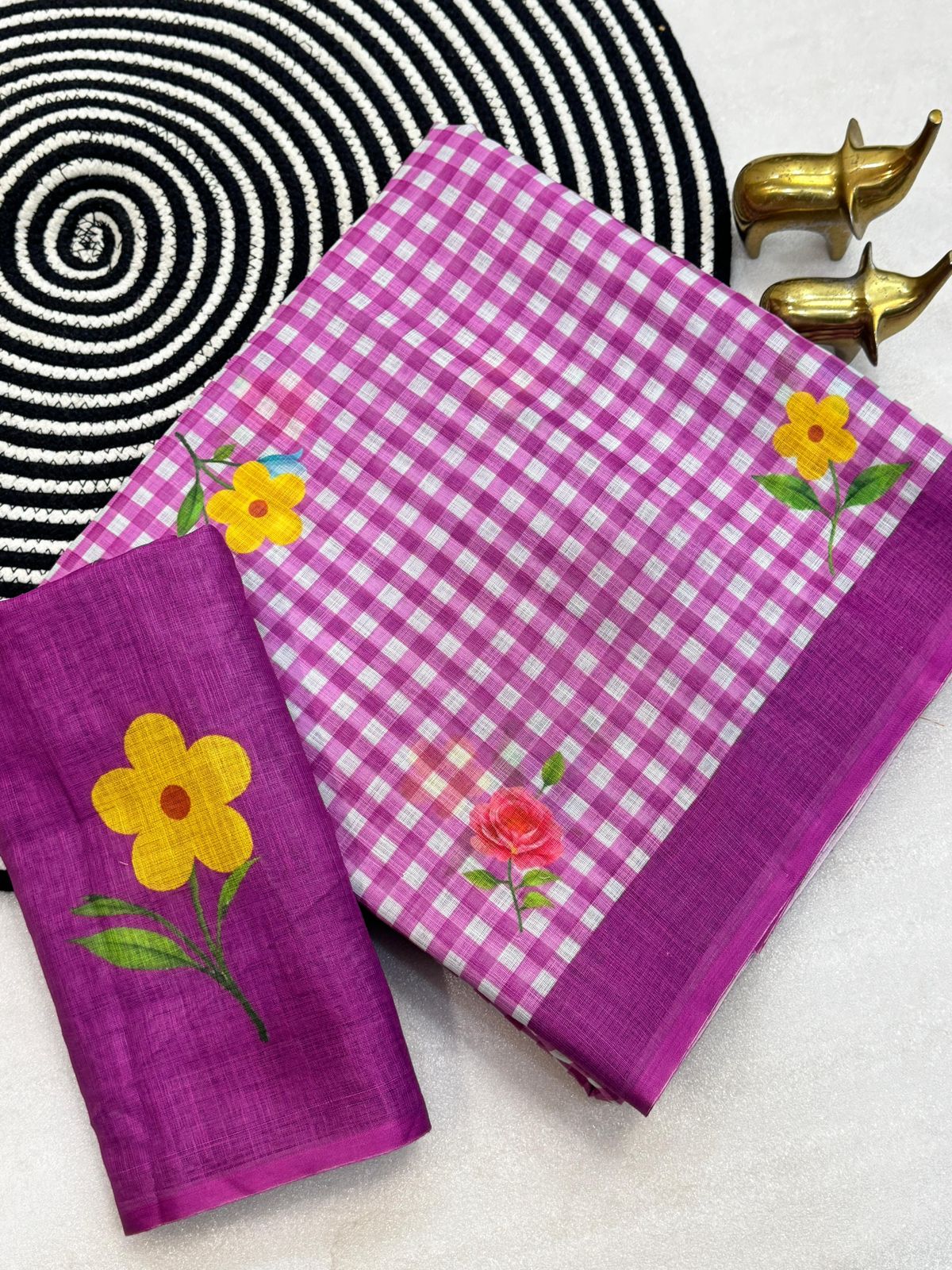Purel and White Linen Check Sarees