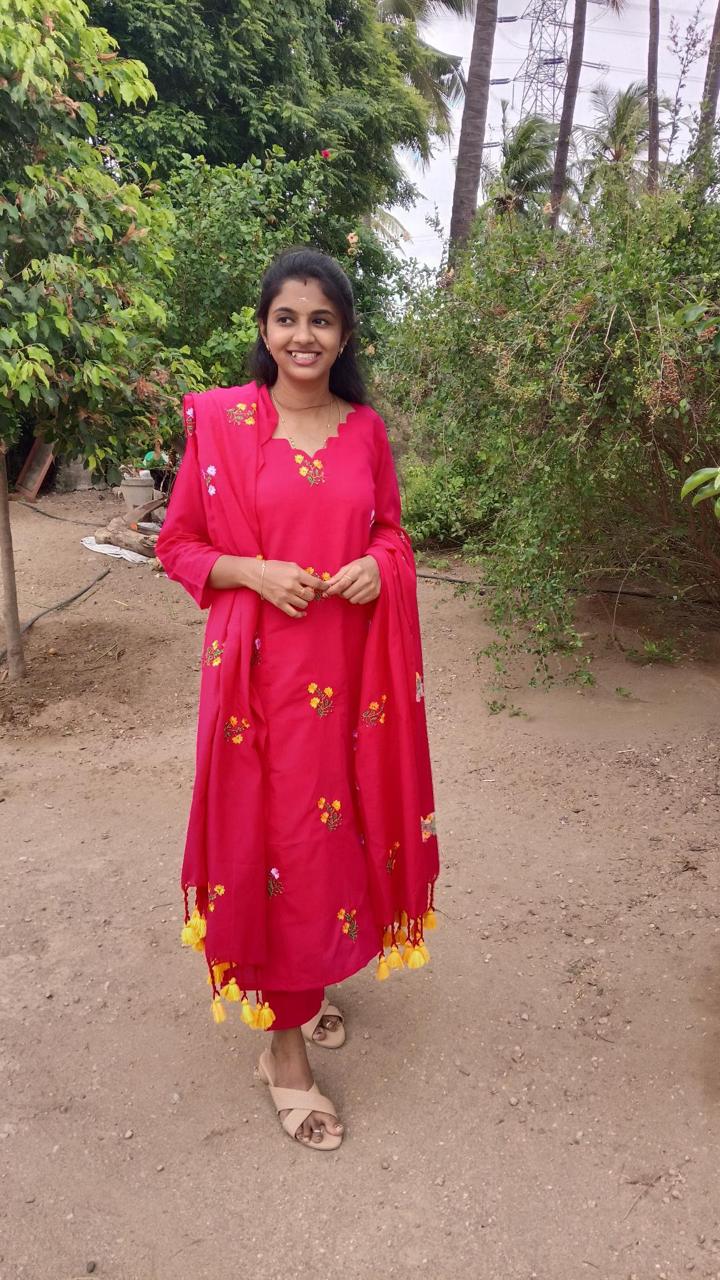 Pink Floral Embroidered Cotton 3 Piece Salwar Set