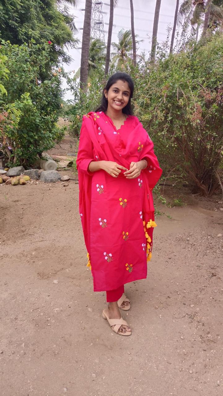 Pink Floral Embroidered Cotton 3 Piece Salwar Set