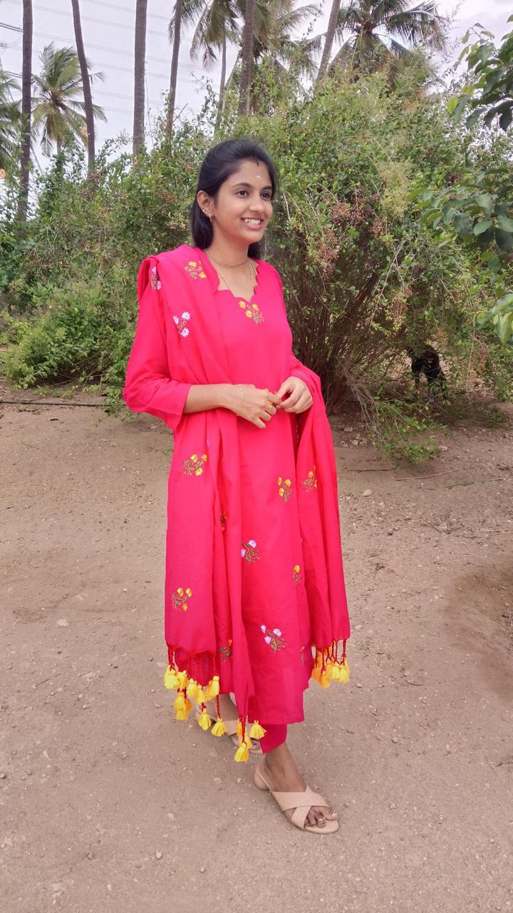Pink Floral Embroidered Cotton 3 Piece Salwar Set