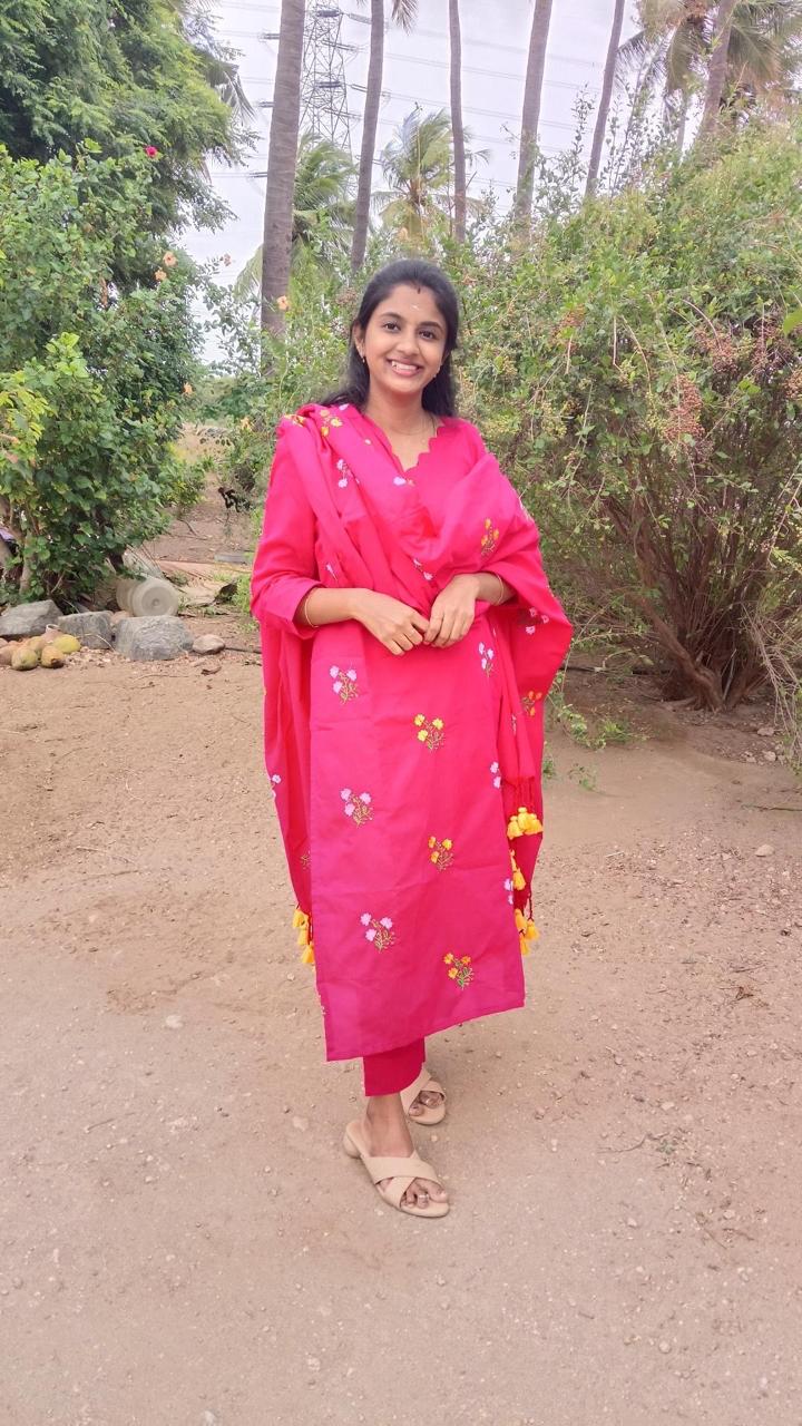 Pink Floral Embroidered Cotton 3 Piece Salwar Set