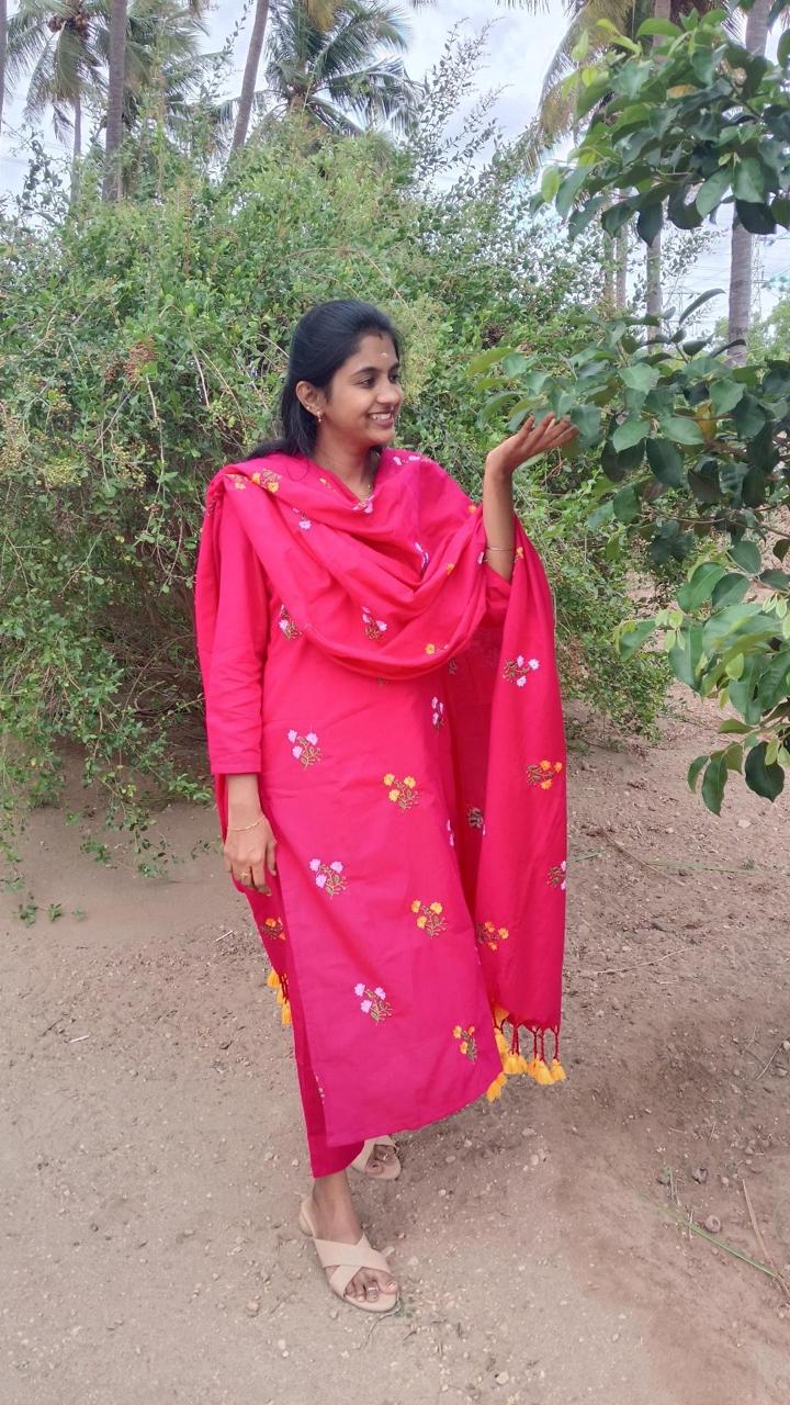 Pink Floral Embroidered Cotton 3 Piece Salwar Set