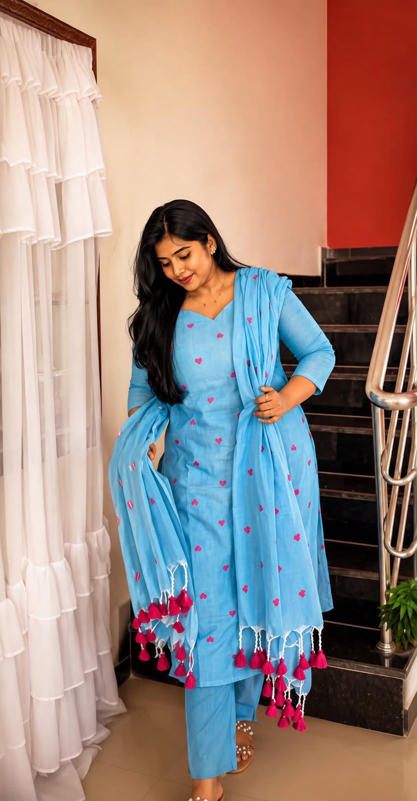 Sky Blue Heart Print Cotton 3 Piece Salwar Set with Tassel Dupatta