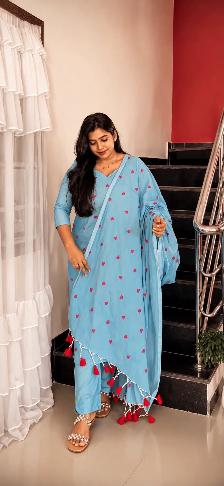 Sky Blue Heart Print Cotton 3 Piece Salwar Set with Tassel Dupatta