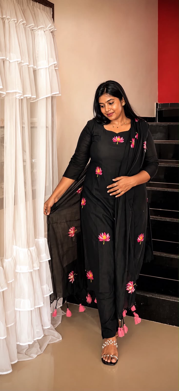 Black Lotus Print Cotton 3 Piece Salwar Set with Tassel Dupatta