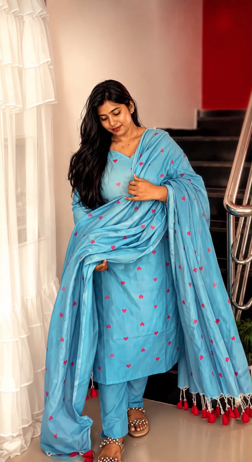 Sky Blue Heart Print Cotton 3 Piece Salwar Set with Tassel Dupatta