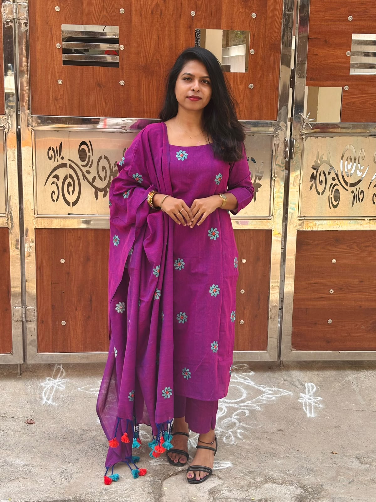Magenta Floral Cotton Kurta Set with Tassel Dupatta