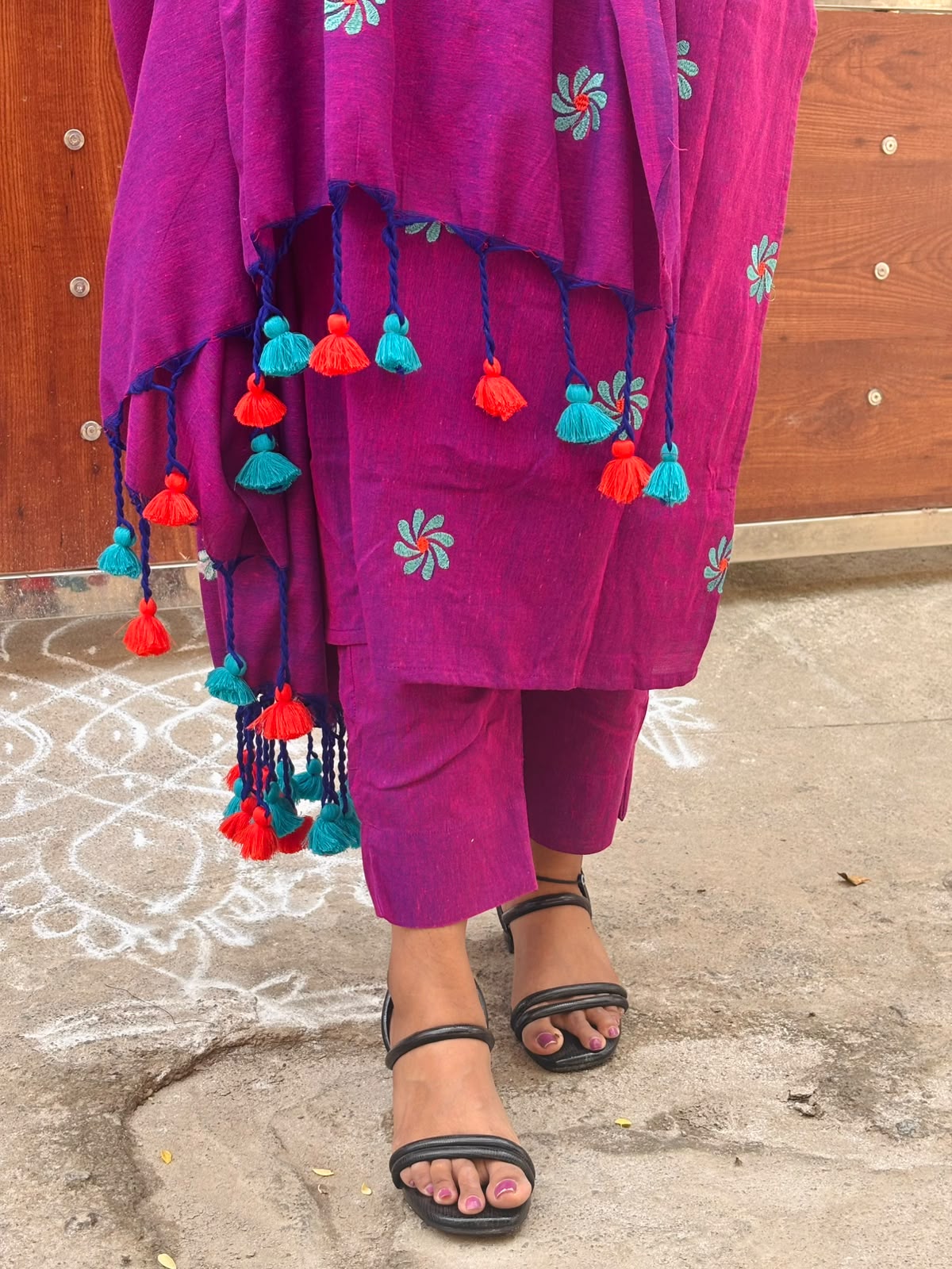 Magenta Floral Cotton Kurta Set with Tassel Dupatta