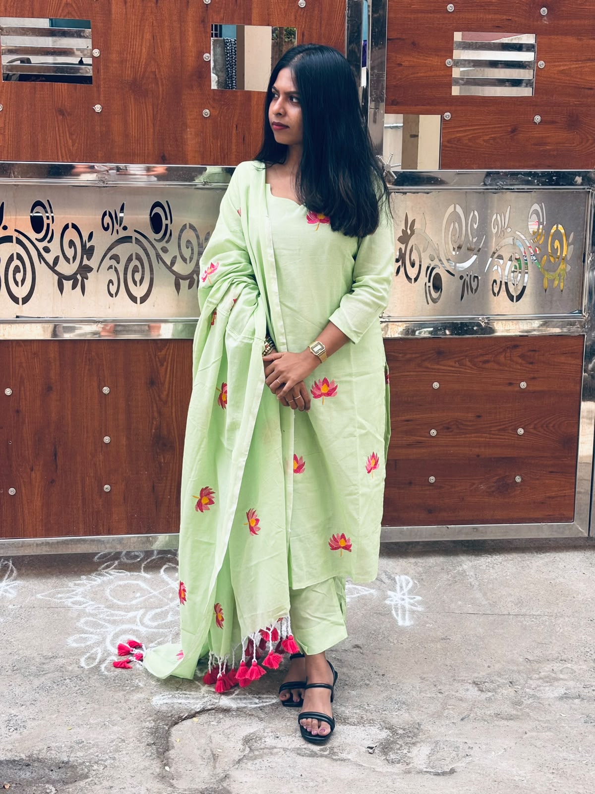 Pastel Green Cotton Ethnic Wear Set with Tassel Dupatta
