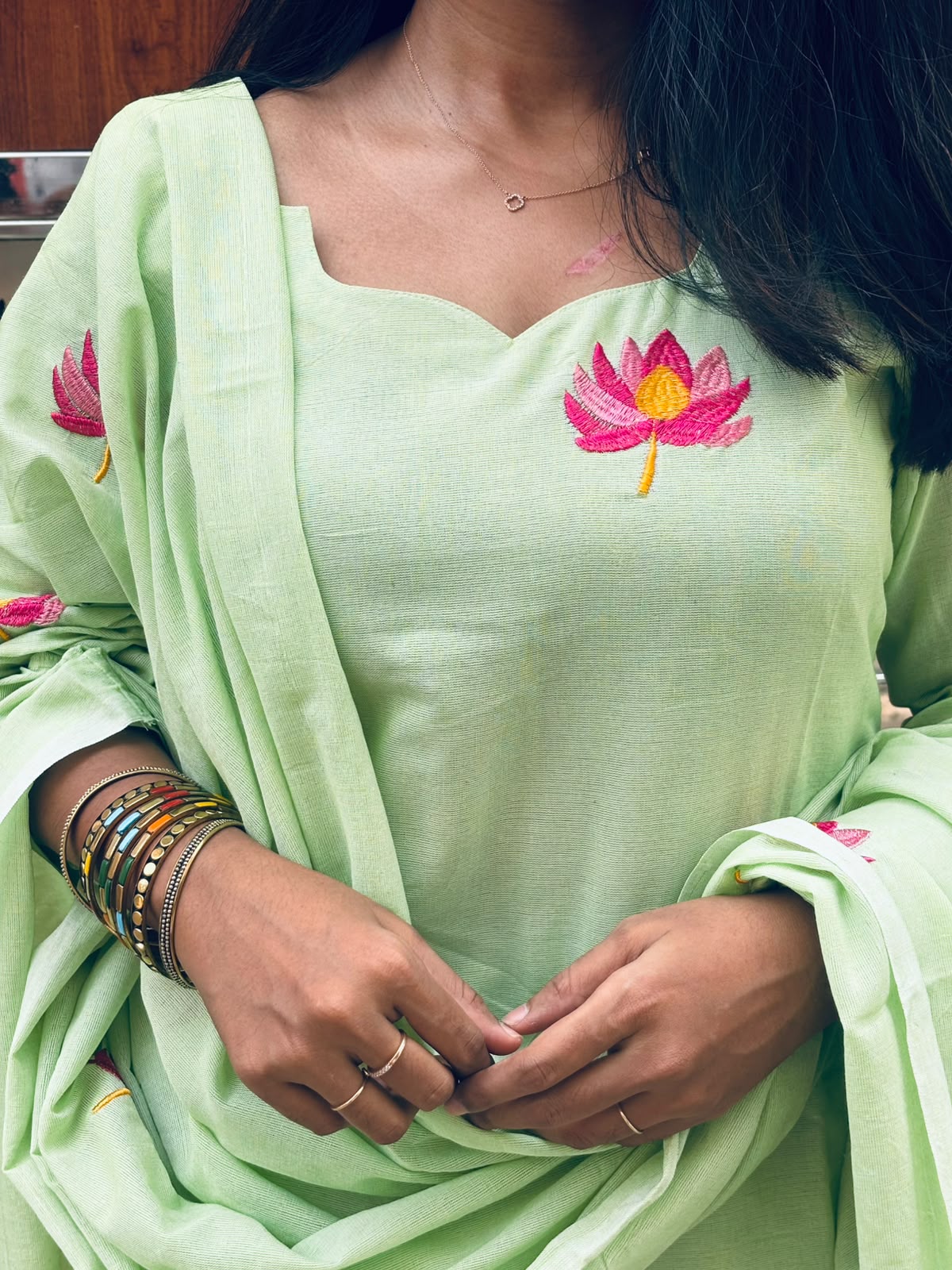 Pastel Green Cotton Ethnic Wear Set with Tassel Dupatta