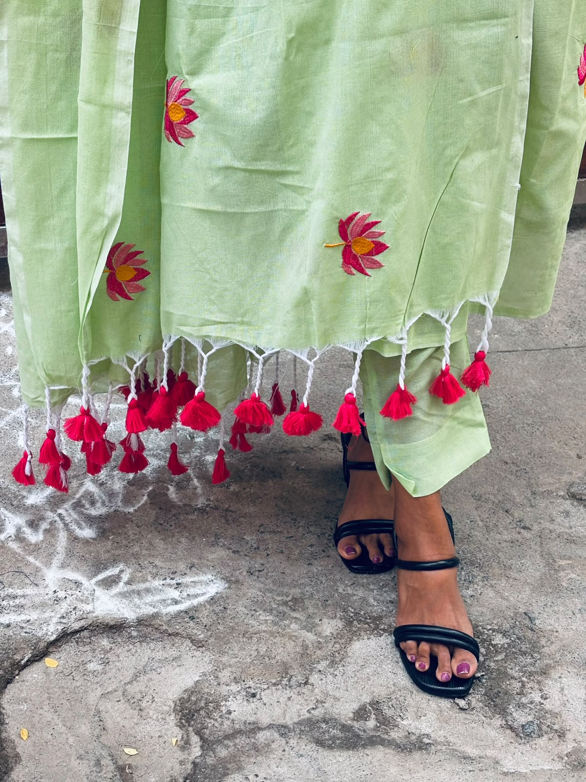 Pastel Green Cotton Ethnic Wear Set with Tassel Dupatta