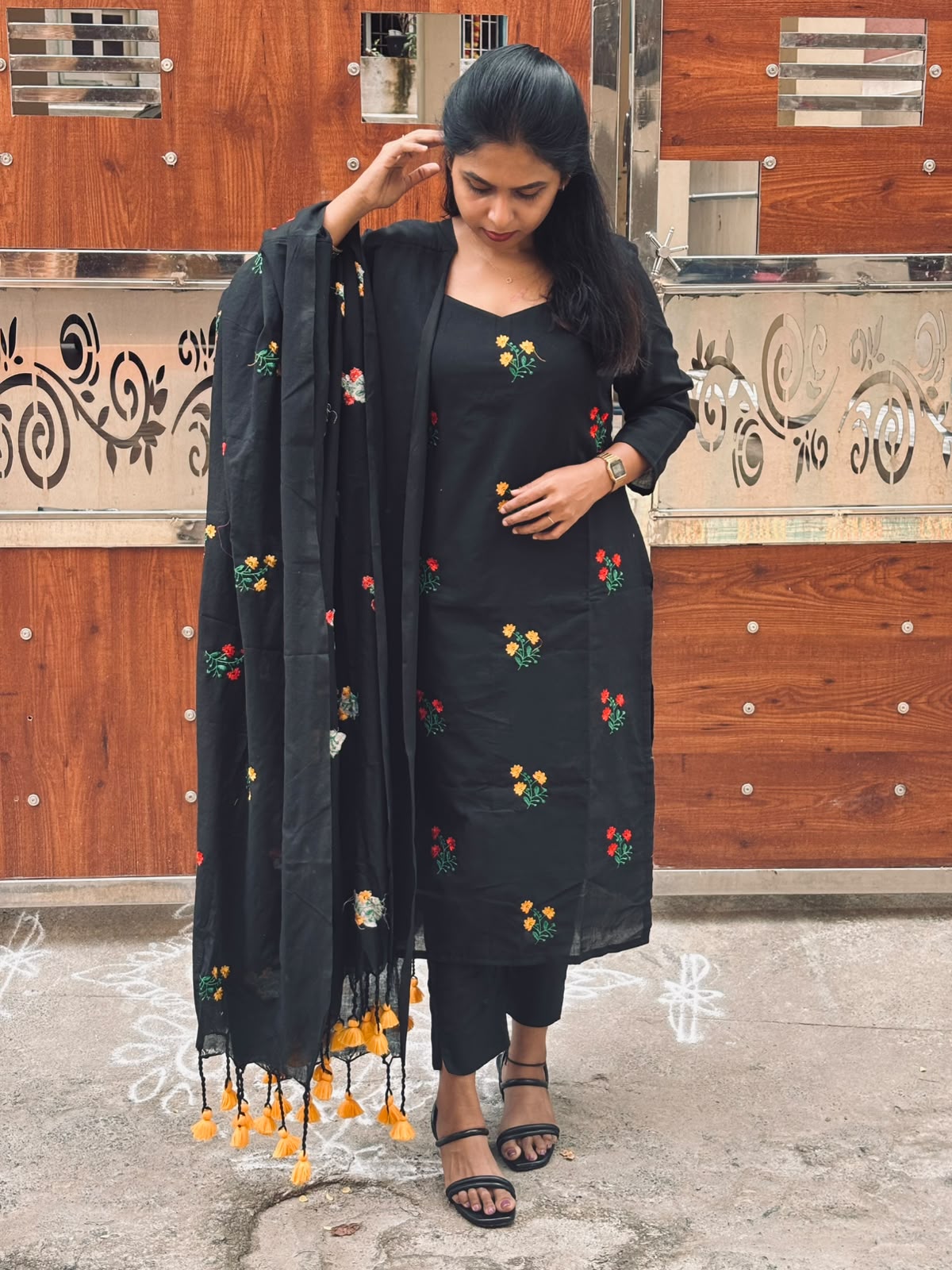 Black Cotton Ethnic Wear 3-Piece Suit Set with Tassel Dupatta
