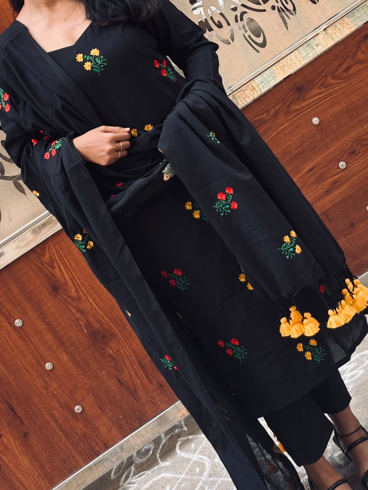Black Cotton Ethnic Wear 3-Piece Suit Set with Tassel Dupatta