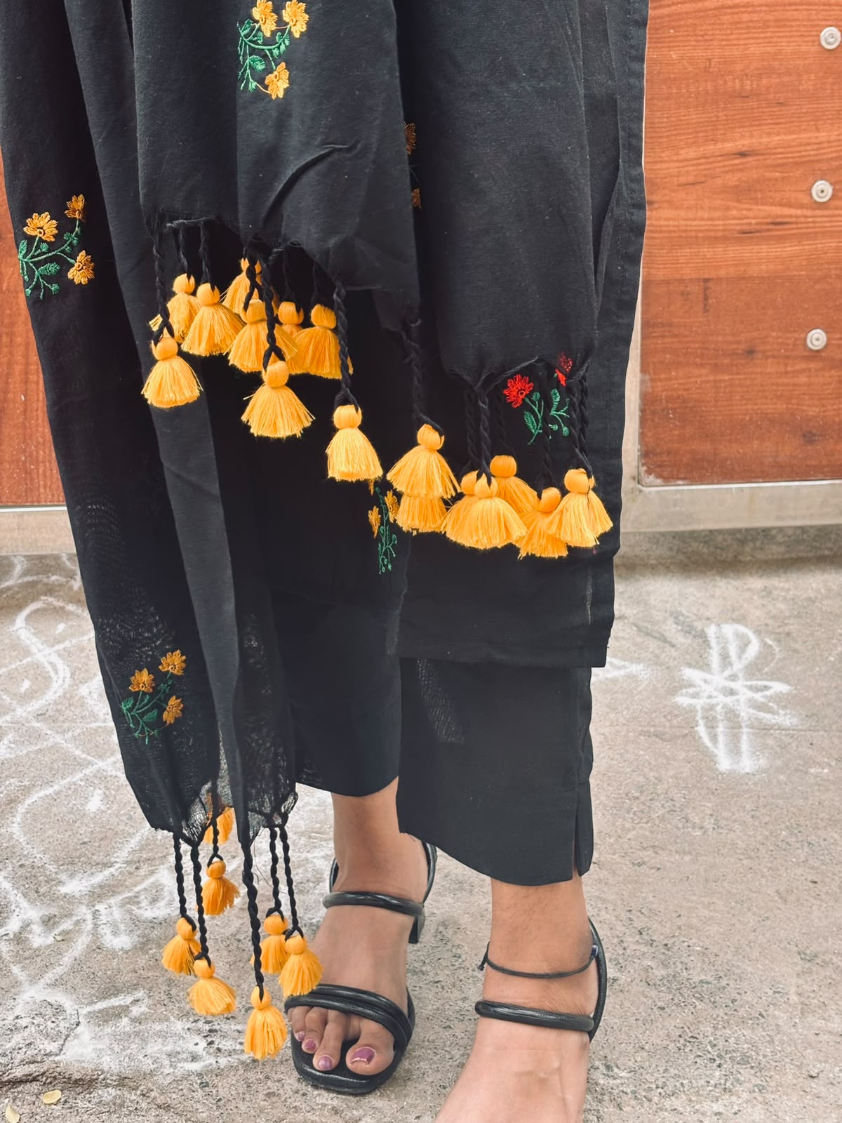 Black Cotton Ethnic Wear 3-Piece Suit Set with Tassel Dupatta