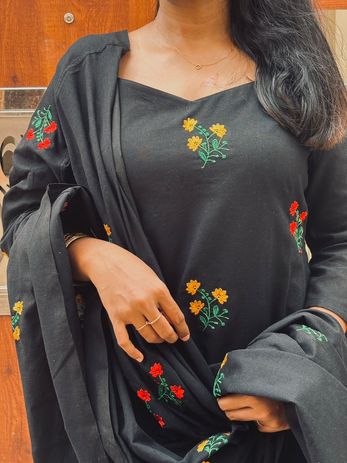 Black Cotton Ethnic Wear 3-Piece Suit Set with Tassel Dupatta