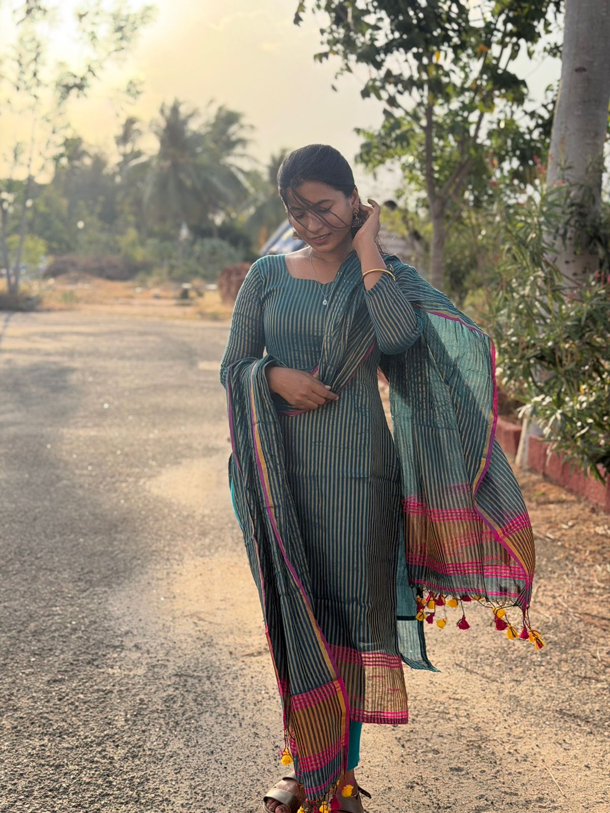 Peacock Teal – Striped Handloom 2 pcs set