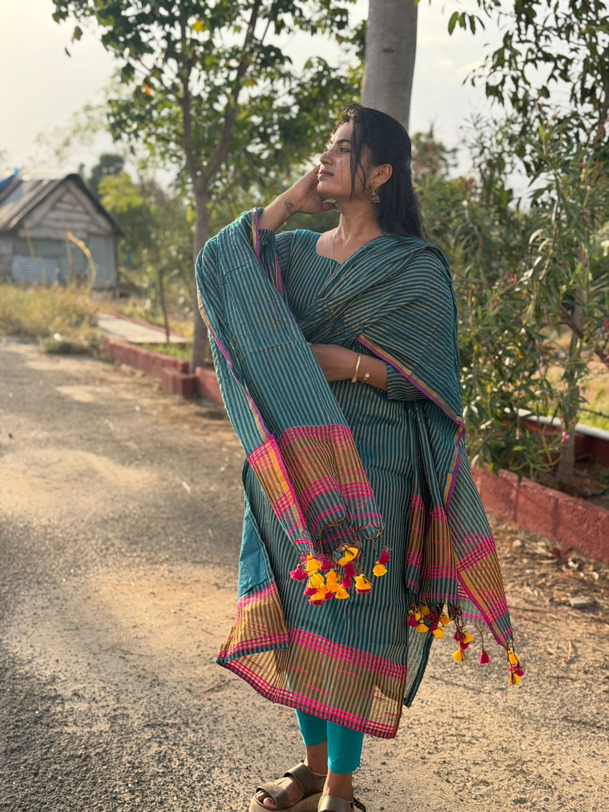 Peacock Teal – Striped Handloom 2 pcs set