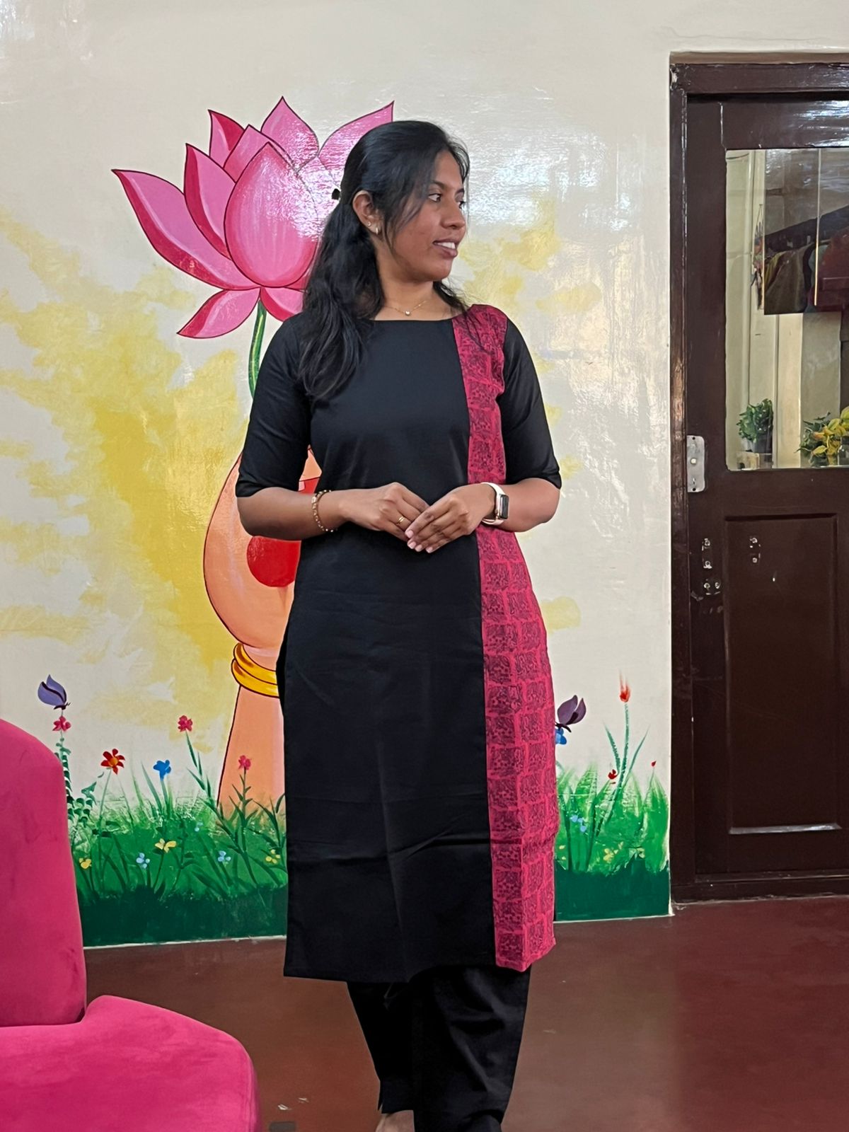 Black Kurti with Pink Panel Design Co ords Set